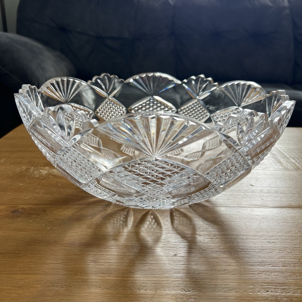 Vintage Bohemia Crystal Cut Glass Bowl Czech 24% Lead Pineapple Scalloped 12"x5"